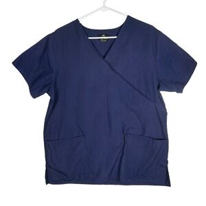 Natural Uniforms Womens Navy Blue Mock Wrap Scrub Top V-Neck Size M Pockets